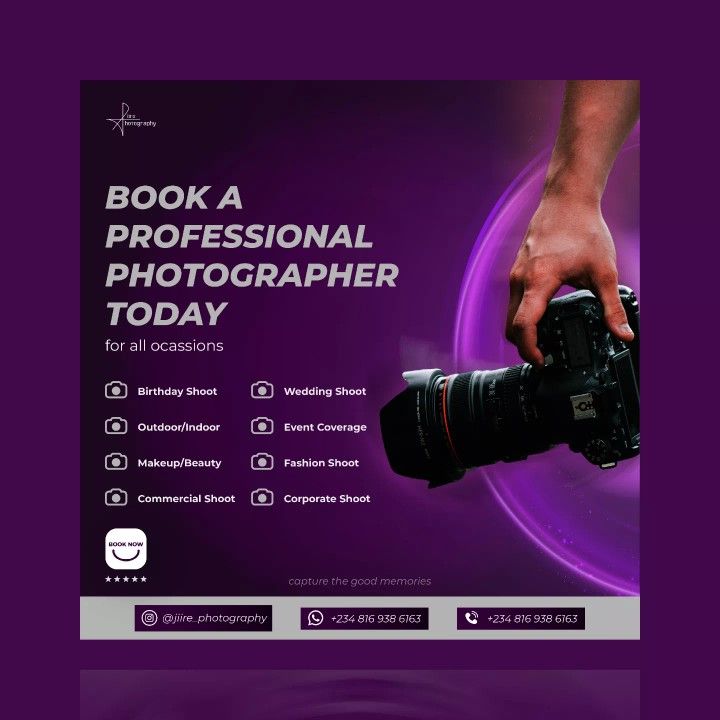 a person holding a camera in their hand with the words book a professional photographer today