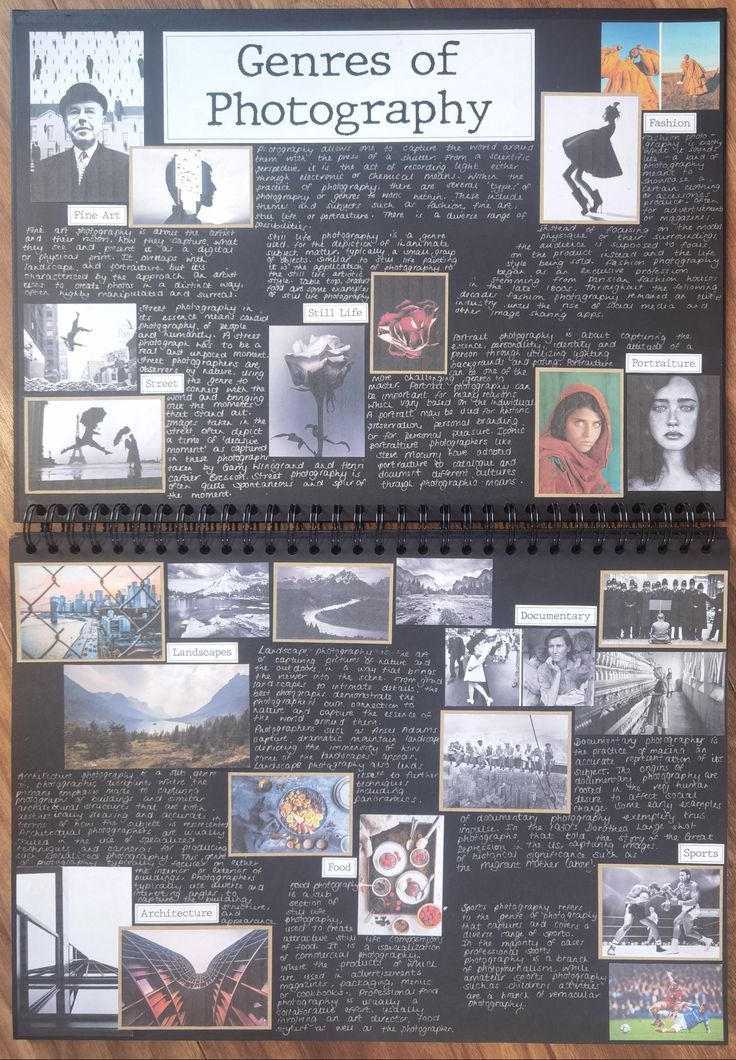 a spiral bound notebook with pictures and writing on the pages, along with other photographs