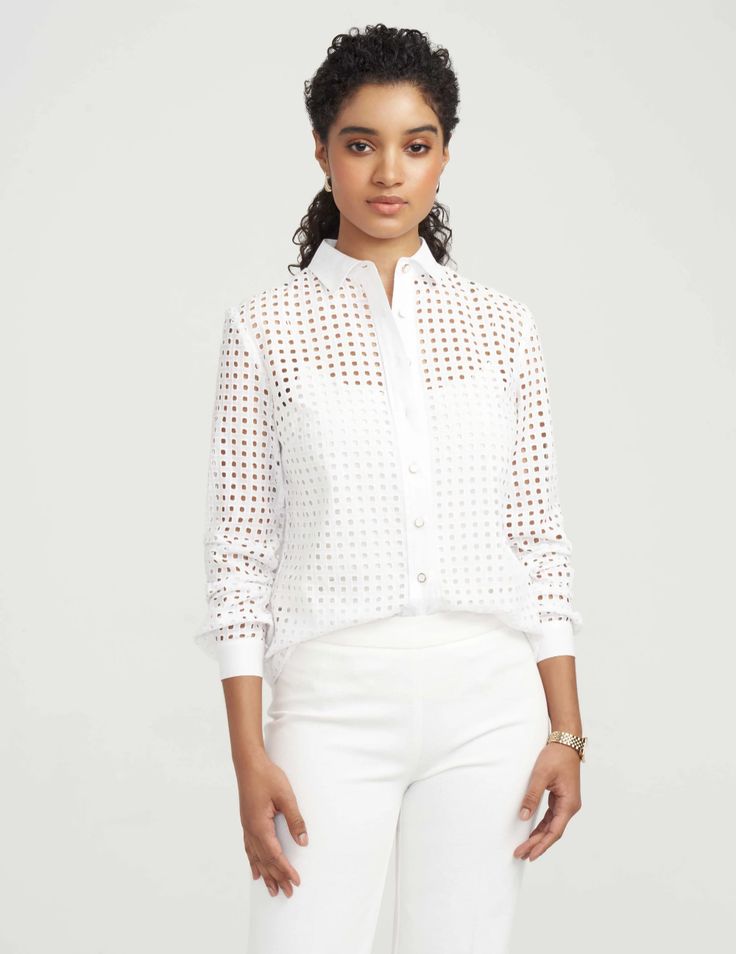 Anne Klein Cotton Eyelet Blouse Elegant Cotton Eyelet Tops, Elegant Eyelet Tops For Daywear, Daywear Eyelet Button-up Top, White Button-up Eyelet Blouse, White Eyelet Button-up Blouse, Spring Eyelet Button-up Top, Elegant Spring Eyelet Blouse, Elegant Eyelet Blouse For Spring, Chic Eyelet Blouse For Daywear