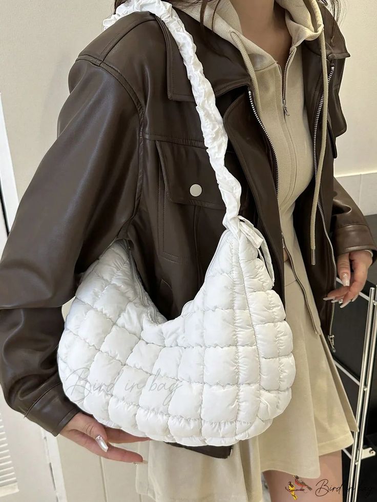 Bird in Bag - Womens Cloud Shaped Shoulder Bag - High-End, Niche Design with Large Capacity and Ruffled Detail Casual Quilted Hobo Bag For Daily Use, White Large Capacity Shoulder Bag For Fall, Trendy White Quilted Shoulder Bag, Trendy White Shoulder Bag For Winter, White Quilted Shoulder Bag, Casual White Shoulder Bag For Winter, Trendy Quilted Shoulder Bag For Spring, Quilted Bags For Fall, Casual Quilted Shoulder Bag For Spring