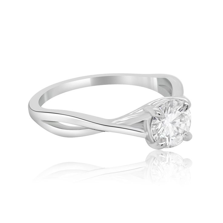 a white gold ring with a diamond in the center and a twisted band around it