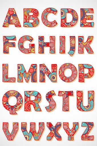 the letters are made up of colorful flowers and paisley patterns on white paper, with red lettering