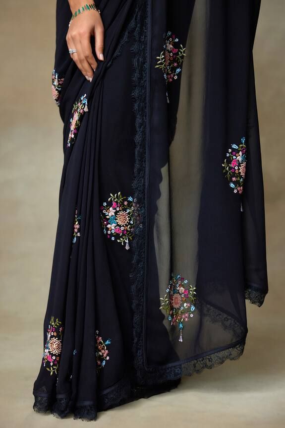 Black saree featuring resham embroidered floral cluster motifs, highlighted by sequin, bead and lace border embellishments. Comes with embroidered padded blouse. - Aza Fashions Padded Blouse, Embroidered Saree, Black Saree, Blouse For Women, Lace Border, Silk Organza, Fashion App, Saree With Blouse, Black Silk