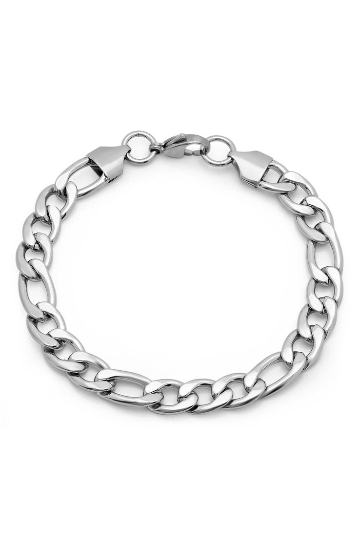 A stainless steel chain bracelet with a lobster clasp closure can be worn as a standalone or layering piece. Lobster clasp closure Stainless steel Imported Metal Cuban Link Bracelet With Oval Links, Everyday Metal Chain Bracelet With Stainless Steel Clasp, Stainless Steel Chain Link Bracelet For Everyday, Modern Stainless Steel Charm Bracelet With Adjustable Chain, Classic Stainless Steel Chain Link Bracelet, Stainless Steel Chain Bracelet With Solid Links As Gift, Everyday Silver Chain Bracelet With Stainless Steel Clasp, Everyday Stainless Steel Charm Bracelet With Chain, Metal Cuban Link Bracelet