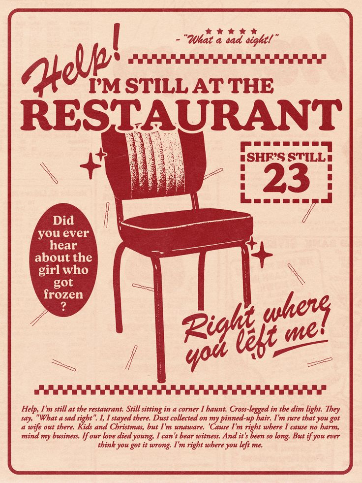 an advertisement for a restaurant with a red chair and the words help, i'm still at the restaurant