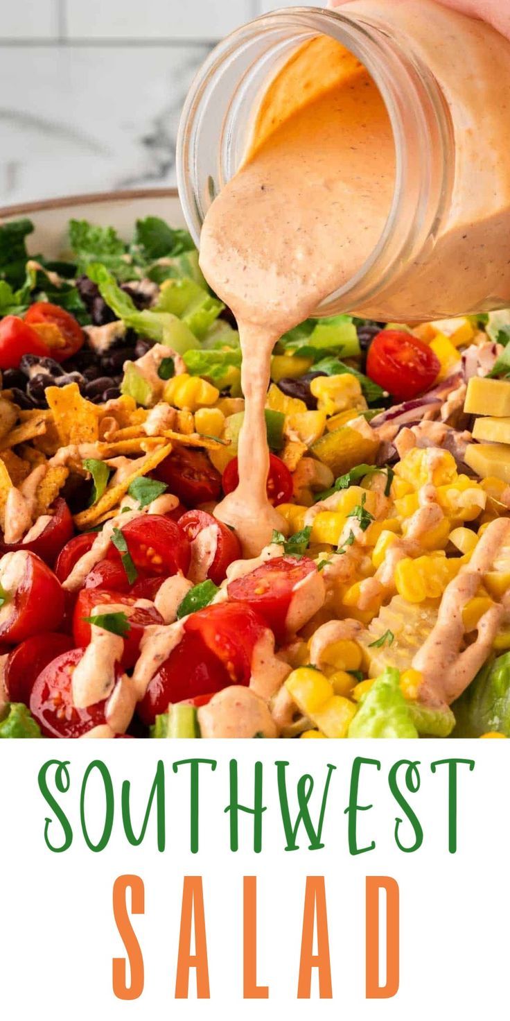 southwest salad with dressing being drizzled over it