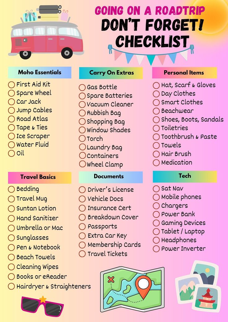 the road trip checklist is shown in pink, yellow and blue with an image of a