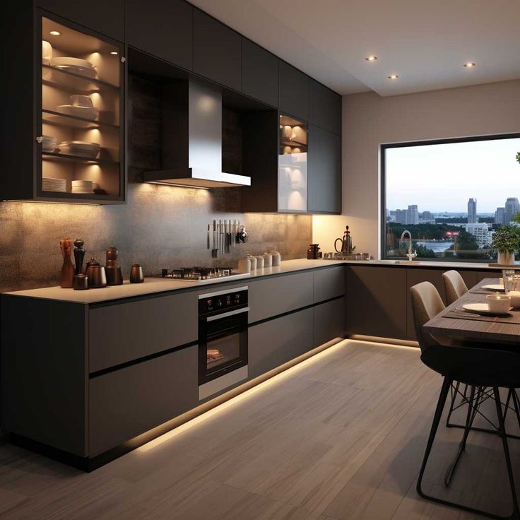 a modern kitchen with wooden flooring and gray cabinetry is lit by recessed lighting