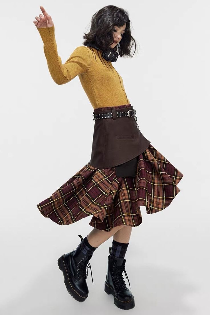 Asymmetrical Plaid Skirt, aesthetic skirts, downtown girl outfits, plaid skirt outfits ideas Brown Asymmetrical Hem Skirt For Fall, Fall Brown Skirt With Asymmetrical Hem, Asymmetrical Fitted Brown Skirt, Brown Fitted Asymmetrical Skirt, Fitted Brown Asymmetrical Skirt, Fitted Asymmetrical Brown Skirt, Outfits Plaid Skirt, Plaid Skirt Aesthetic, Plaid Skirt Grunge