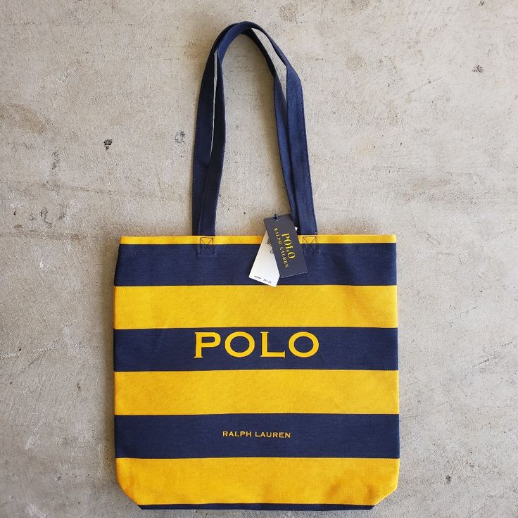 Polo Ralph Lauren Canvas Book Grocery Beach Tote Bag Blue Yellow Striped New With Tags ***Auction Alert Elsewhere*** Yellow Tote Shoulder Bag With Dust Bag, Casual Yellow Canvas Bag, Yellow Shoulder Bag For Daily Use With Dust Bag, Yellow Canvas Tote Shoulder Bag, Ralph Lauren Canvas Tote, Ralph Lauren Bags, Beach Tote Bag, Lauren Green, Beach Tote Bags