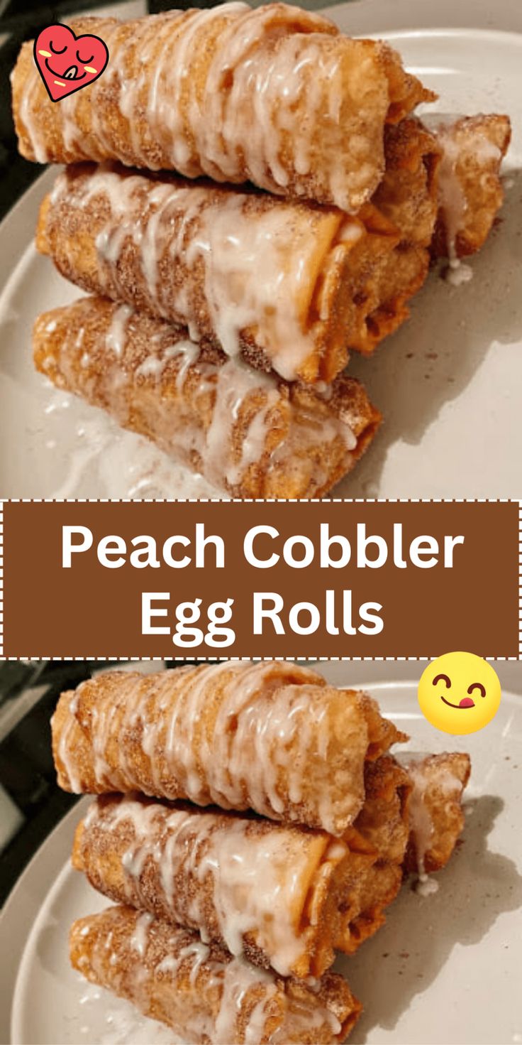 three different types of pastries stacked on top of each other with the words, peach cobbler egg rolls