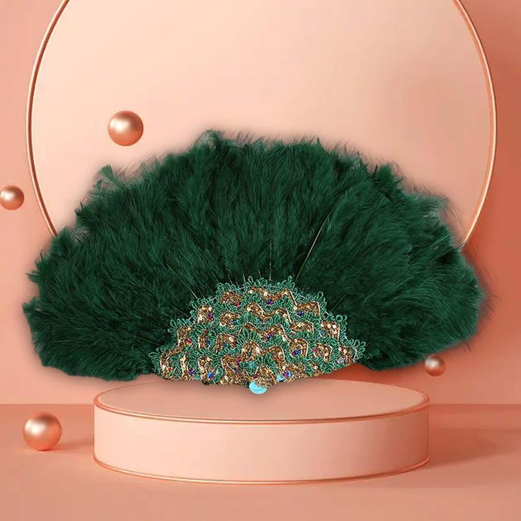 an image of a green purse with beads on it's head sitting on a stand