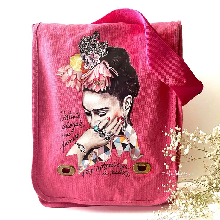 Trendy Frida Kahlo pink soft cotton canvas shoulder or crossbody bag with adjustable strap. Cute, colorful, original fashion accessory for women and girls. Frida floral illustration and famous artist quote. Trendy Shoulder Bag With Adjustable Strap For Gift, Pink Crossbody Canvas Bag For School, Summer Canvas Crossbody Bag For School, Summer Canvas Backpack Shoulder Bag, Summer School Crossbody Canvas Bag, Summer Crossbody Canvas Bag For School, Trendy Cotton Crossbody Shoulder Bag, Pink Rectangular Shoulder Bag With Adjustable Straps, Trendy Canvas Shoulder Bag With Detachable Strap