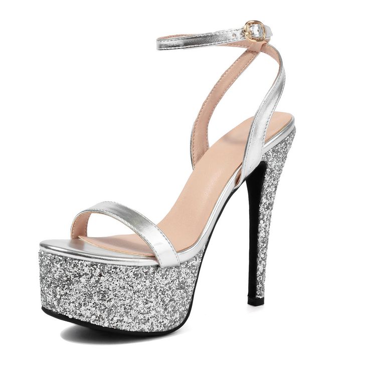 Shop Silver Glitter Platform Ankle Strap Sandals Open Toe Stiletto High Heel Sandals color Silver for Music Festival, Night Club, Party, Red Carpet with worldwide Free shipping & Free return. Platform Sandals With Round Toe For Party Season, High Heel Platform Sandals For Party Season, Ankle Strap Platform Heels For Party, Party Season Sandals With Heel Strap And Round Toe, Glamorous Ankle Strap Sandals For Parties, Glamorous Party Sandals With Heel Strap, Sparkling Sandals For Prom In Summer, Open Toe Heels With Heel Strap For Party Season, Glamorous Heel Strap Sandals For Party Season