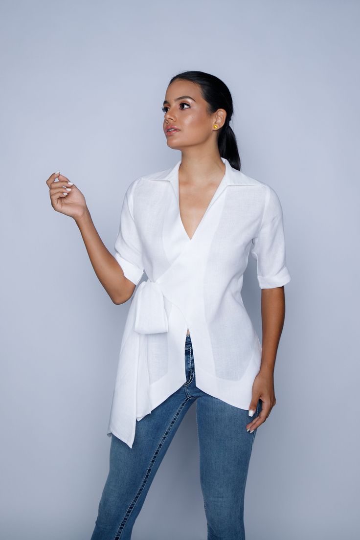 Beach Linen Tops With Tie Waist, White Fitted Elegant Wrap Top, Elegant Fitted White Wrap Top, Elegant White Fitted Wrap Top, Chic Linen Blouse, Spring Fitted Linen Wrap Top, Chic Fitted Linen Blouse, Fitted Chic Linen Blouse, Fitted Linen Wrap Top