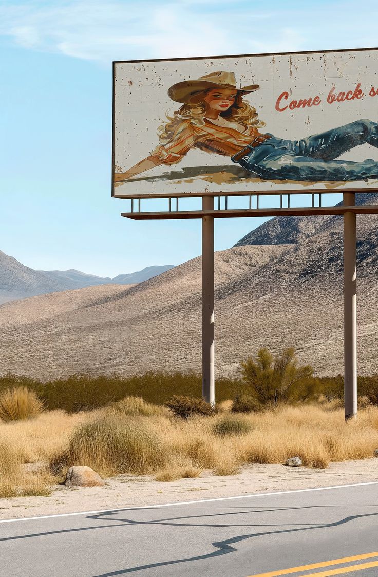 a large sign on the side of a road in front of some hills and mountains