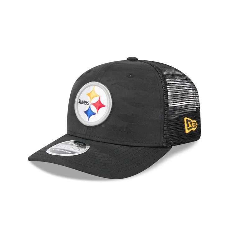 The Pittsburgh Steelers Camo 9SEVENTY Trucker features an embroidered Steelers logo at the front panels with a matching New Era Flag at the left-wear side and a snapback closure at the rear. Sports Trucker Hat With Logo Patch, Trucker Snapback Hat With Curved Visor For Sports, Game Day Snapback Hat With Logo Patch, Sports Trucker Hat With Logo Patch And Flat Brim, Urban Snapback Hat With Logo Patch And Curved Bill, Logo Trucker Hat For Streetwear With Curved Bill, Sports Trucker Cap With Flat Brim, Sporty Logo Snapback Cap, Sports Trucker Hat With Logo Patch Snapback