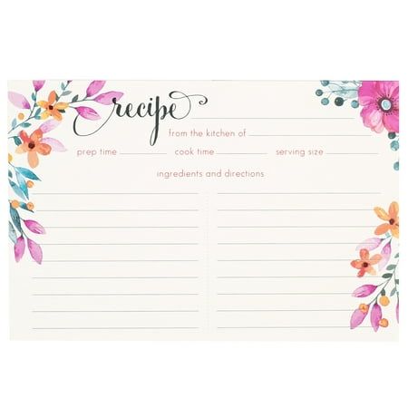 a recipe card with colorful flowers on the front and bottom, in pinks and greens