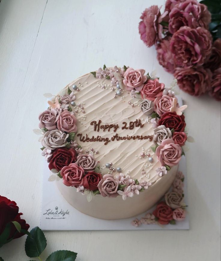 a birthday cake decorated with flowers on top of a table