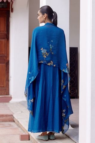 Sapphire blue anarkali with thread applique embroidery in floral pattern. Paired with dupatta. - Aza Fashions Blue Anarkali Set With Embroidered Border, Indigo Anarkali Traditional Wear With Dupatta, Floor-length Chanderi Churidar With Embroidered Border, Blue Chanderi Floor-length Kurta, Floor-length Embroidered Chanderi Churidar, Festive Indigo Anarkali Set With Dupatta, Floral Embroidered Anarkali Set, Blue Floor-length Kurta With Sheer Dupatta, Floor-length Blue Kurta With Sheer Dupatta