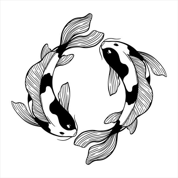 two black and white koi fish swimming in a circle on top of each other