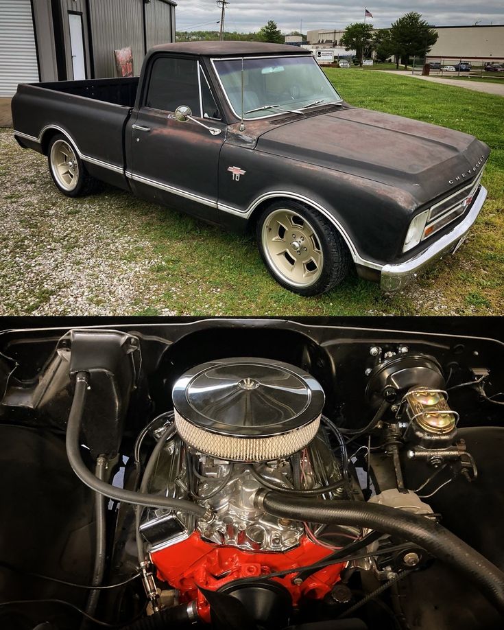 two pictures of an old car with the hood up and the engine in the back