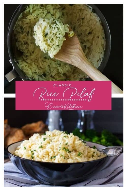 rice in a skillet with a wooden spoon next to it and the words classic rice dish