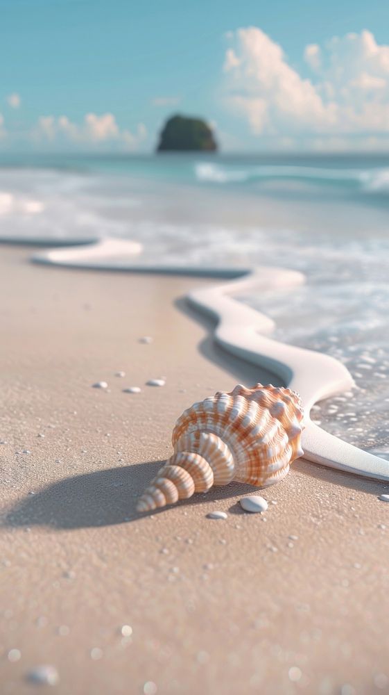 two seashells on the beach with waves coming in from the ocean and blue sky