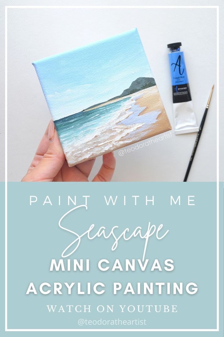 someone holding up a painting with the words paint with me seascape mini canvass acrylic painting