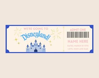 a ticket to disneyland with a castle and fireworks in the sky on it's side