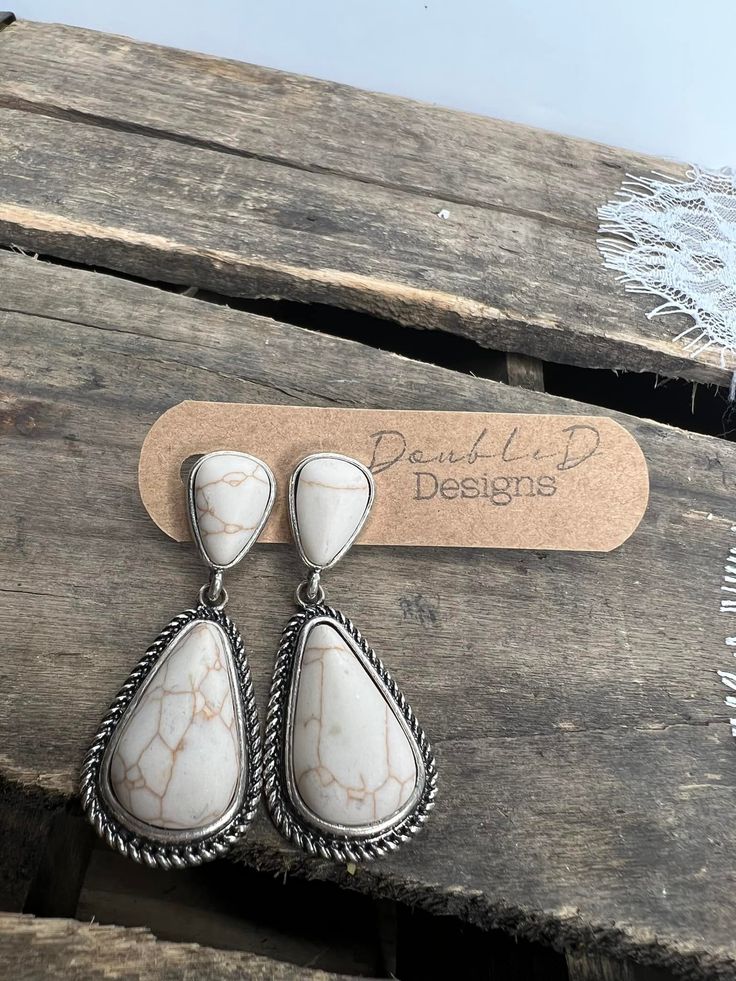 Add a western vibe to your next outfit with these amazing natural stone earrings! Vintage Natural Stone Earrings, Vintage Earrings With Natural Stones, Western Style Dangle Earrings For Pierced Ears, Handmade Western Dangle Earrings, Silver Western Style Earrings, Southwestern White Drop Earrings, Southwestern Silver Earrings With Natural Stones, Southwestern White Teardrop Earrings, Nickel-free White Southwestern Earrings