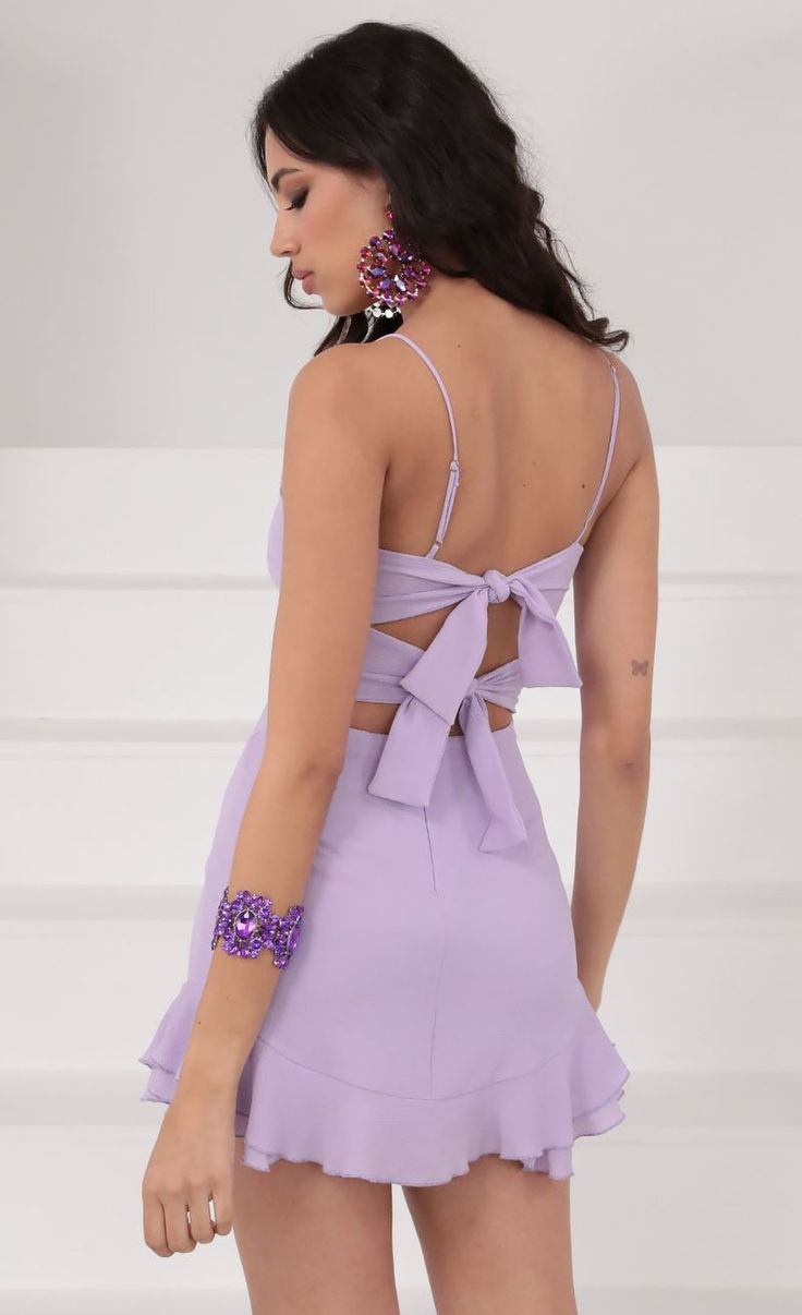 Ruffle Dress in Lavender | LUCY IN THE SKY Hoco Dresses Flowy, Chiffon Ruffle Dress, Lavender Dresses, Ruched Bodycon Dress, Grad Dresses, Chiffon Ruffle, Hoco Dresses, Dance Dresses, Purple Dress