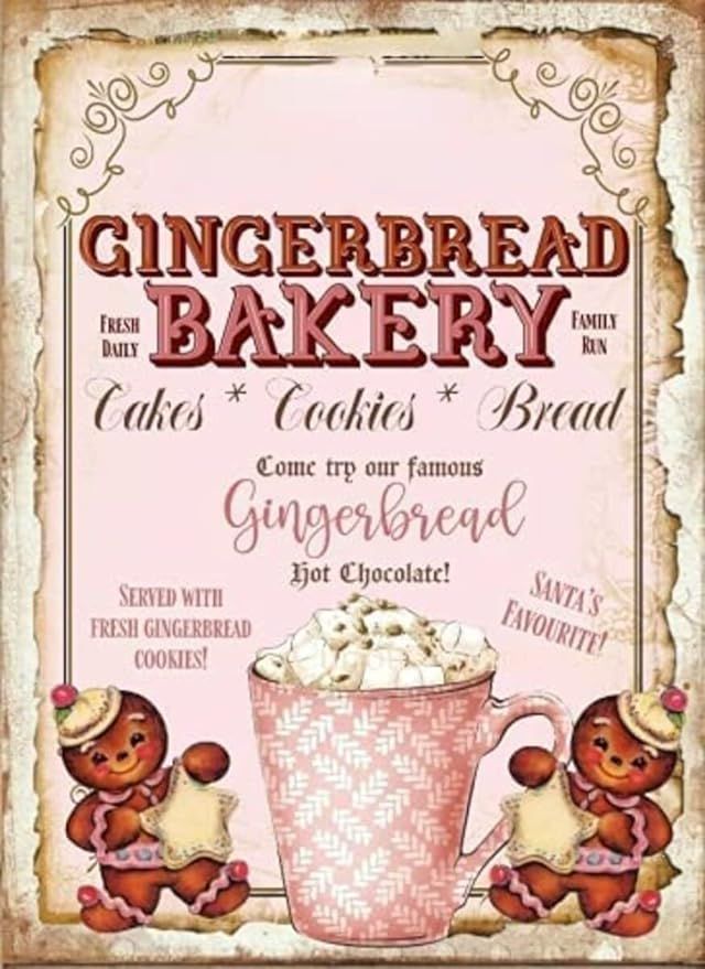 a sign advertising gingerbread bakery with two teddy bears and a cup of coffee on it