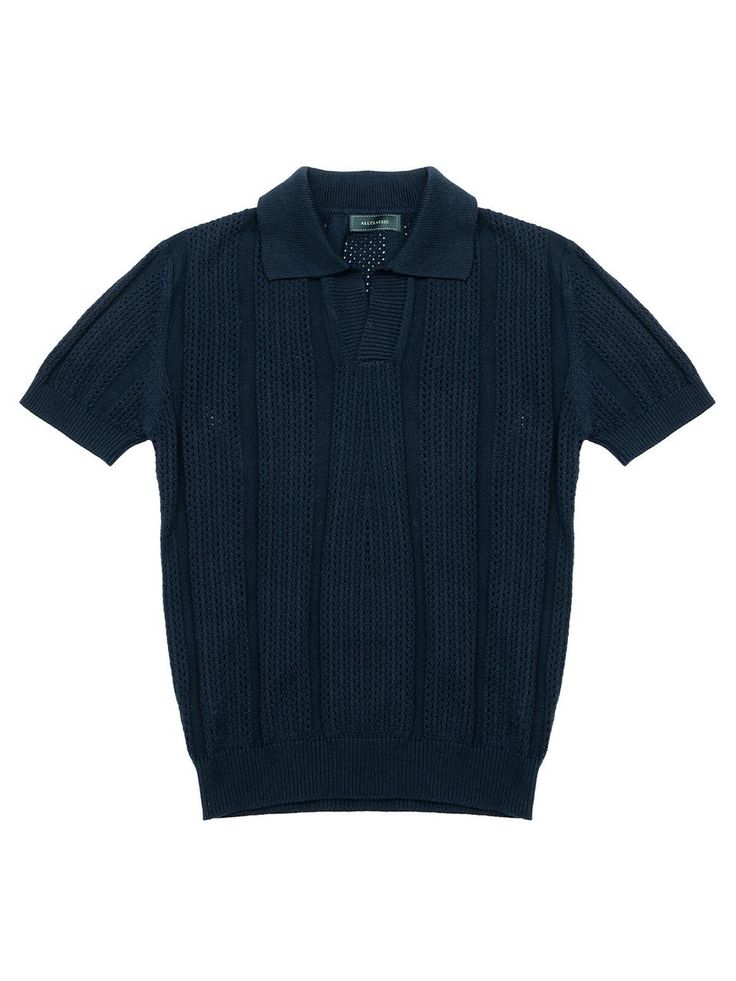 Composition : 95% Cotton / 5% SpandexCountry of Origin : China Classic Navy Knit Tops, Navy Cotton Textured Knit Top, Navy Textured Knit Cotton Top, Navy Fitted Collared Polo Sweater, Fitted Navy Collared Polo Sweater, Navy Ribbed Collar Top For Work, Fitted Navy Polo Sweater With Ribbed Collar, Navy Tops With Ribbed Collar For Work, Classic Navy Fitted Polo Sweater