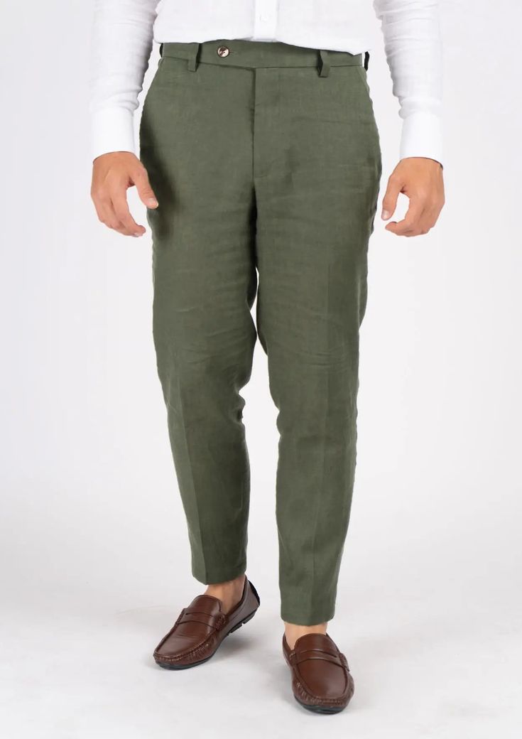 Juniper Green Linen Pants - SARTORO Olive Linen Bottoms With Pockets, Green Linen Straight Pants, Green Linen Trousers, Green Linen Pants, Juniper Green, White Linen Shirt, Body Posture, Body Proportions, Cotton Jacket