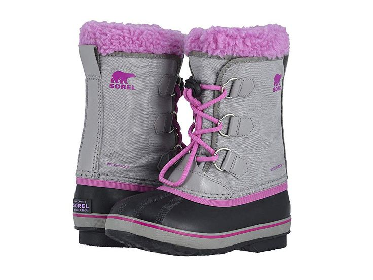 SOREL Kids Yoot Pac Nylon (Little Kid/Big Kid) - Girls Shoes : Chrome Grey/Orchid 1 : Winter days will be no match for the cozy and comfy construction of the SOREL Kids Yoot Pac Nylon boot! Mid-calf snow boot crafted in a waterproof nylon upper with a seam-sealed membrane. Seam-sealed membrane features a lace-up closure, removable 6mm. recycled felt liner, and a cushioned footbed. Vulcanized rubber outsole provides grip and traction for different terrains. Imported. Measurements: Heel Height: 1 Kids Winter Boots, Ankle Snow Boots, Girls Snow Boots, Girls Shoes Kids, Kids Watches, Winter Snow Boots, Kids Boots, Big Kid, Free Kids