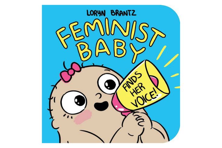 an image of a cartoon character holding a microphone with the words feminist baby on it