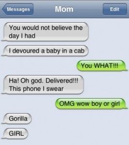 two texts that say mom and dad not believe the day i had devoured a baby in a cab