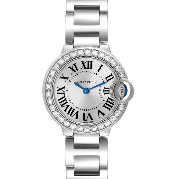 Cartier Ballon Bleu White Gold Diamond Bezel Ladies Watch WE9003Z3. Quartz movement. Caliber 057. Round 18K white gold case 28.0 mm in diameter. Case thickness: 9.35 mm. Fluted crown set with a blue sapphire cabochon. 18K white gold bezel set with original Cartier factory diamonds. Scratch resistant sapphire crystal. Silver sunburst dial with Roman numerals. Blued steel sword shape hands. 18k white gold bracelet with hidden butterfly clasp. Fits 6.5" wrist. Sapphire Cabochon, Cartier Ballon Bleu, Small Lady, White Gold Bracelet, Gold Case, Bezel Diamond, Ladies Watch, Rose Gold Diamonds, Blue Rose