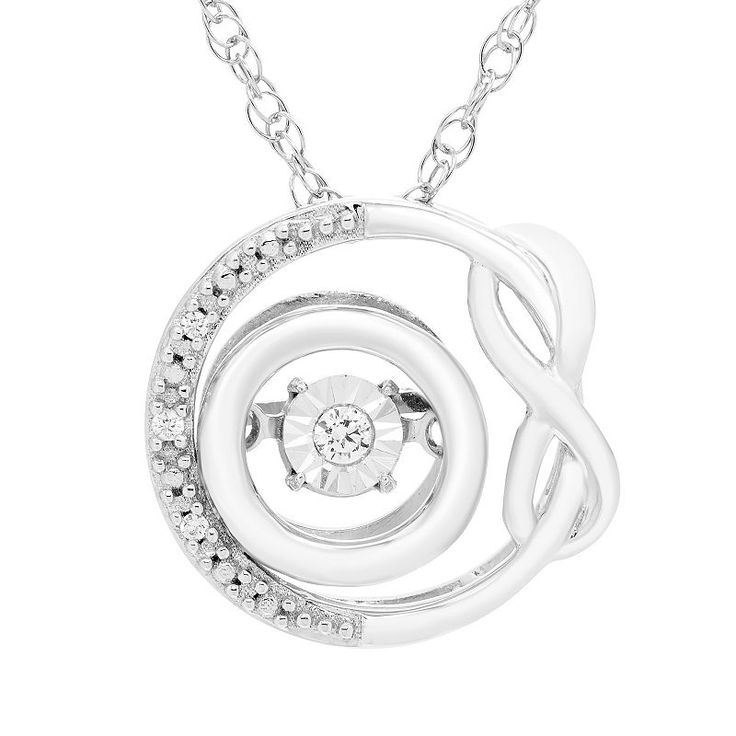 Featuring a round-cut diamond in a hinged setting, this Boston Bay Diamonds infinity circle pendant sparkles from every angle. Featuring a round-cut diamond in a hinged setting, this Boston Bay Diamonds infinity circle pendant sparkles from every angle. Pendant size: 13.5 mm x 13.42 mm Chain length: 18 in. Chain type: rope Nickel free Metal: sterling silver Plating: rhodium Finish: polished Packaging: boxedDIAMOND DETAILS Total weight: less than 1/10 ct. Shape: round Setting: pave Size: 18". Gen Modern Twist Jewelry With Single Cut Round Diamonds, Modern Twist Round Single Cut Diamonds Jewelry, Modern Twist Jewelry With Diamond Accents, Modern White Jewelry With Diamond Accents, Diamond White Infinity Jewelry For Anniversary, White Diamond Jewelry With A Modern Twist, White Jewelry With Diamond Accents And Modern Twist, Modern White Diamond Jewelry, Infinity Jewelry With Diamond Accents In Diamond White