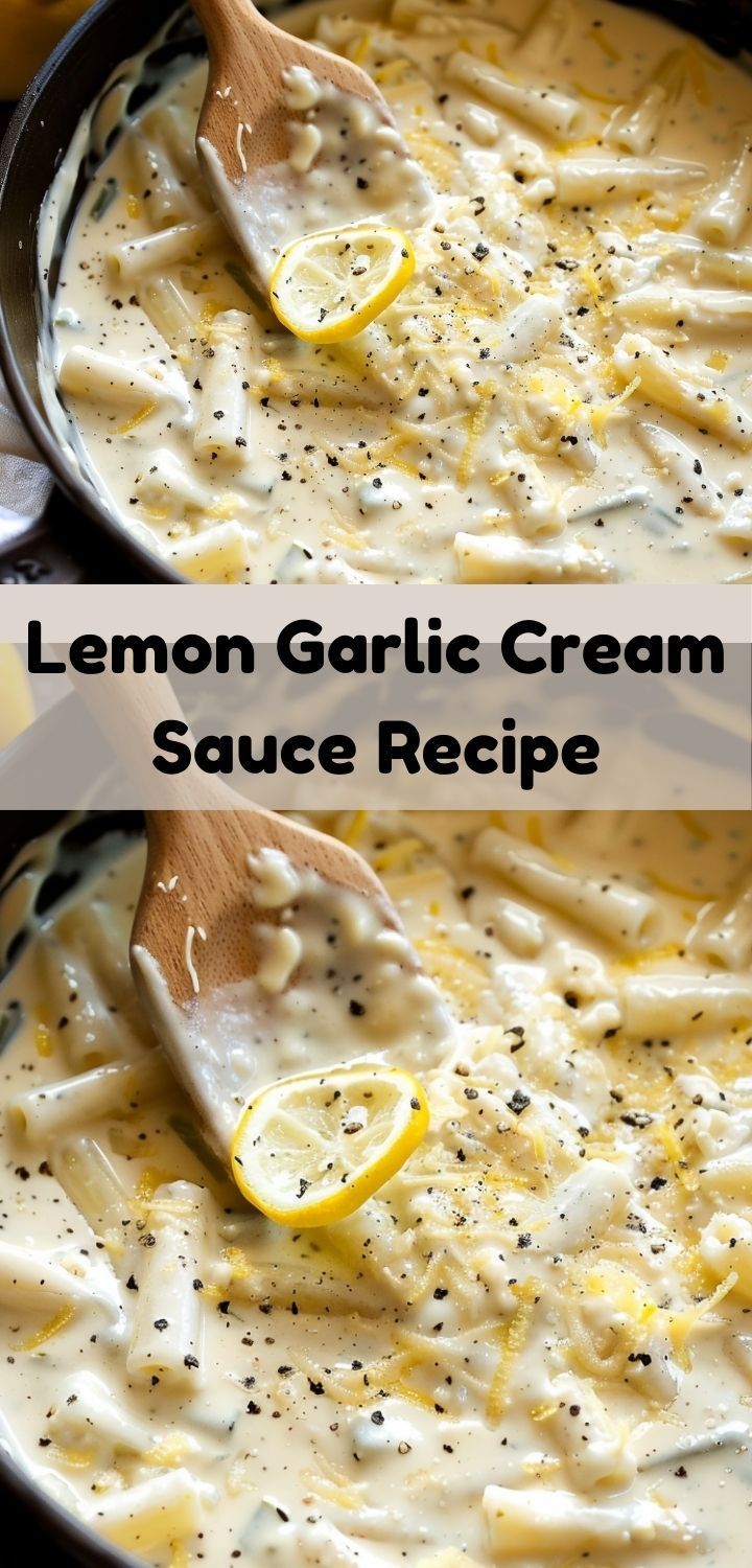 lemon garlic cream sauce recipe in a skillet with a wooden spoon and two images