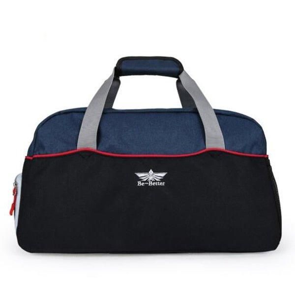 a black and blue duffel bag with red trim