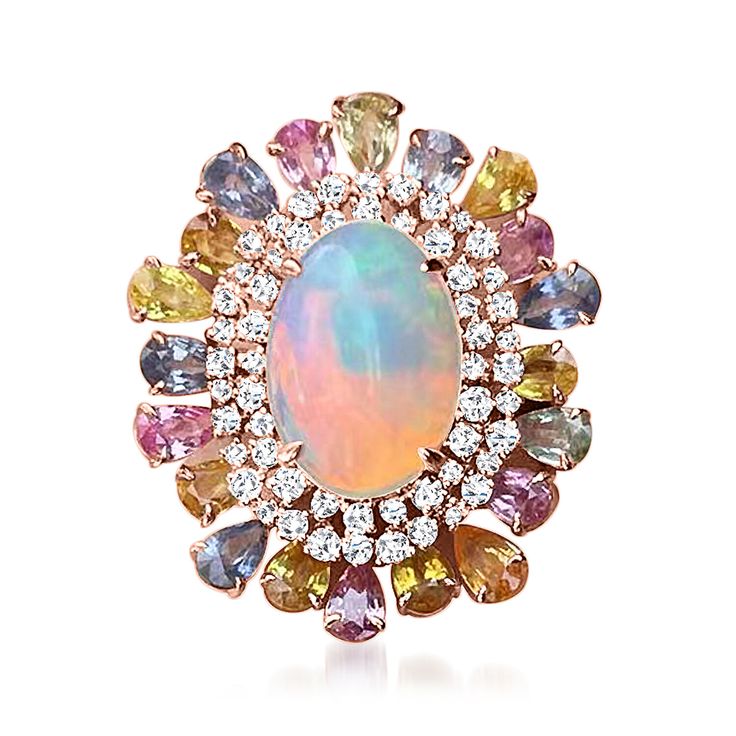 Ross-Simons - Opal, 5.00ct t. w. Multicolored Sapphire Ring, .95ct t. w. Diamonds. Size 7. Like a daydream come to life, this magnificent cocktail ring celebrates sensational pastel hues! A mesmerizing 13x10mm oval opal cabochon swirls an outstanding play of color, as .95 ct. t. w. round brilliant-cut diamonds create a lush inner border and 5.00 ct. t. w. pear-shaped multicolored sapphires dazzle along the outside in lucent, lighthearted shades. Crafted in polished 18kt rose gold. 1 1/8" wide. M Multicolor Elegant Diamond Ring For Formal Occasions, Elegant Multicolor Diamond Ring For Formal Occasions, Formal Multicolor Brilliant Cut Rings, Formal Multicolor Round Cut Rings, Fine Jewelry Multi-stone Diamond Ring, Formal Multicolor Rings With Prong Setting, Multicolor Oval Ring With Prong Setting, Multicolor Oval Diamond Ring For Formal Occasions, Oval Multicolor Ring With Prong Setting