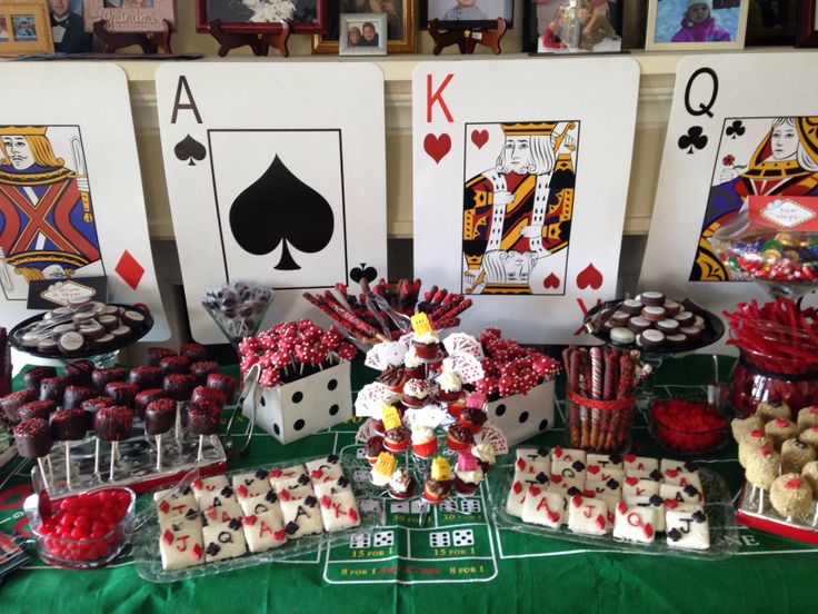 a table topped with lots of desserts and cards