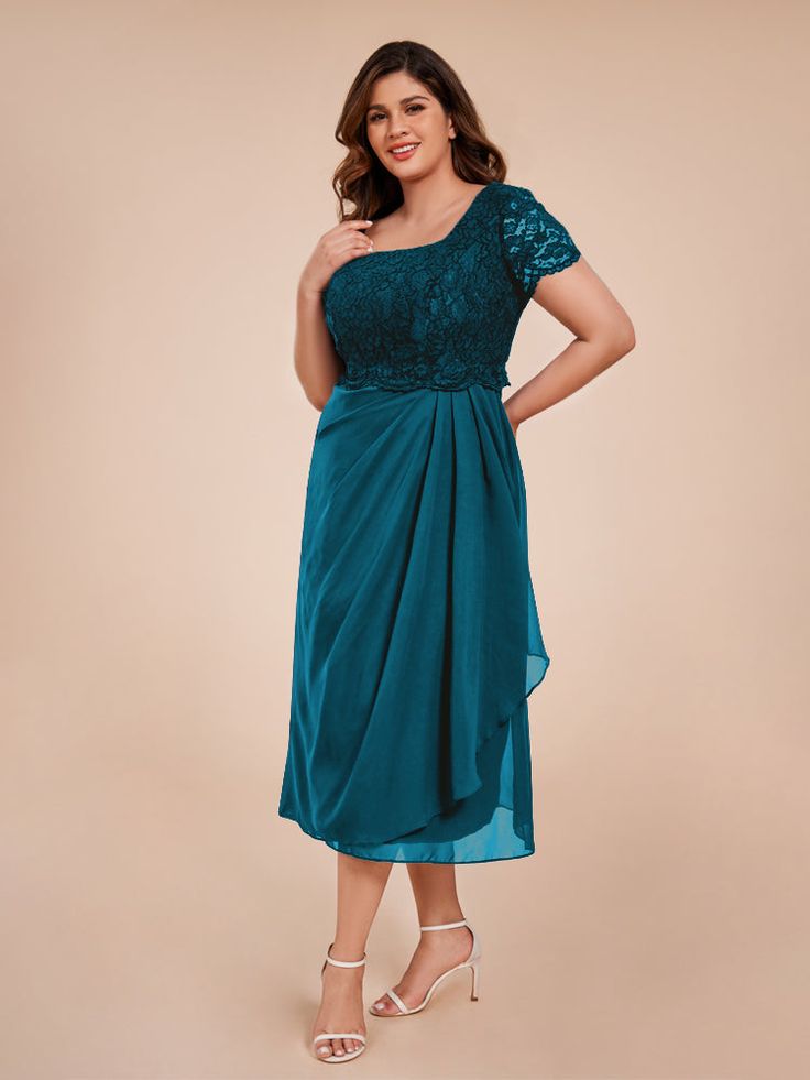 Expertly crafted for the mother of the bride, this A-line dress features a delicate lace bodice and elegant ruching that flatters all body types. Short sleeves add a touch of modesty while still keeping you comfortable. Perfect for any special occasion, this dress will make you feel confident and beautiful.    Attention!     The sleeves are see-through and unlined. (Refer to the picture below) Bride Dress Blue, Short Sleeves Dress, A Line Shorts, Sleeves Dress, Mother Of The Bride Dress, Chiffon Skirt, Lace Bodice, Tea Length, Chiffon Lace