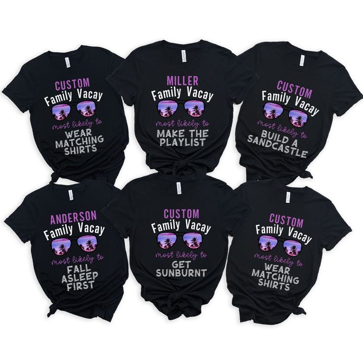 These fun custom family name vacation matching tees are perfect to give as a gift to friends and family in your life. Wear these on your next family or friend vacay trip and have fun with the personalized Most Likely to message. *This listing is for a black shirt and/or tank. When ordering Select the size shirt that you'd like and the most likely to message. Add it to your cart. Repeat for each shirt you order. Content + Care -Machine wash cold and tumble dry low Size + Fit -True To Size Fit (American Uni-Sex Sizes for T-Shirts) -Available in baby 3month-18 months, toddler 2t-5t, youth small-XL, and adult sizes small, medium, large, x-large, 2x-large, and 3x-large Processing + Shipping Your order will ship out in 2-5 days. Please allow 1-2 days for processing. Most orders are delivered in Vacation 2023, Family Vacay, Shirt Making, Matching Tees, Making Memories, Personalized Family, Matching Shirts, Family Vacation, Summer Vacation