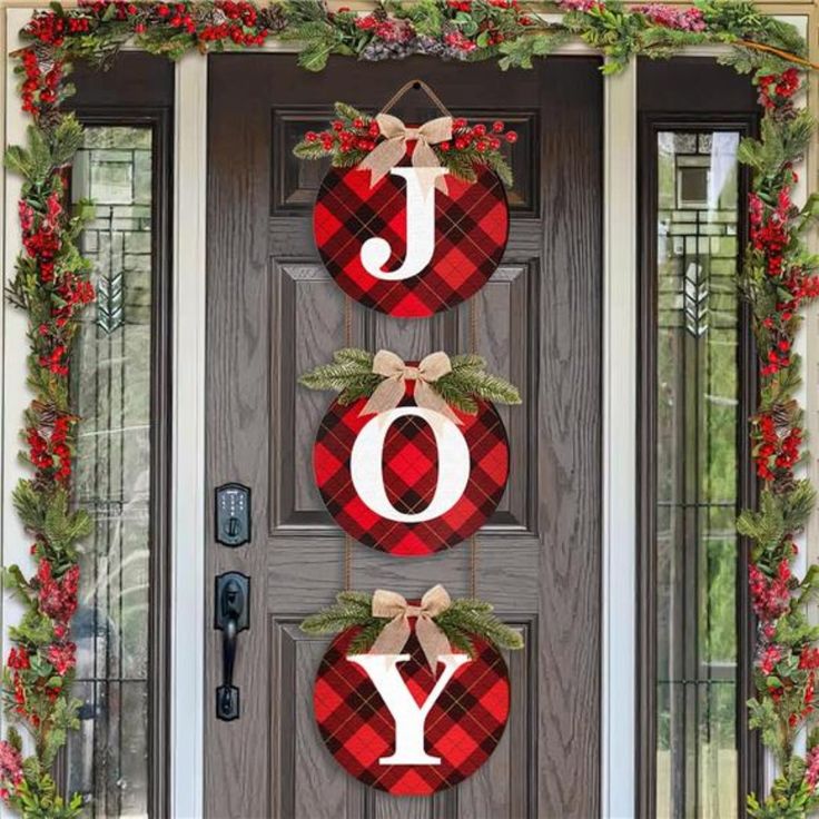 Rustic Festive Charm: Bring The Spirit Of The Holidays To Life With This Buffalo Check Plaid Christmas Wreaths Set. Each Xmas Wreath Sign, Adorned With Pine Leaves, Burlap Bows, And Vibrant Red Berries, Captures The Essence Of A Cozy Christmas, Making Your Farmhouse Home Warm And Welcoming For The Season Joyful Holiday Spirit: Featuring The Word "Joy" Across Three Individual Xmas Sign, These 12" Christmas Wreaths Are Perfect For Adding A Festive Message To Your Home Decor. The Buffalo Plaid Patt Door Christmas Decorations, Wreaths For Door, Snowman Snow Globe, Pine Leaves, Christmas Entry, Front Door Christmas Decorations, Plaid Christmas Decor, Front Door Christmas, Christmas Front Doors