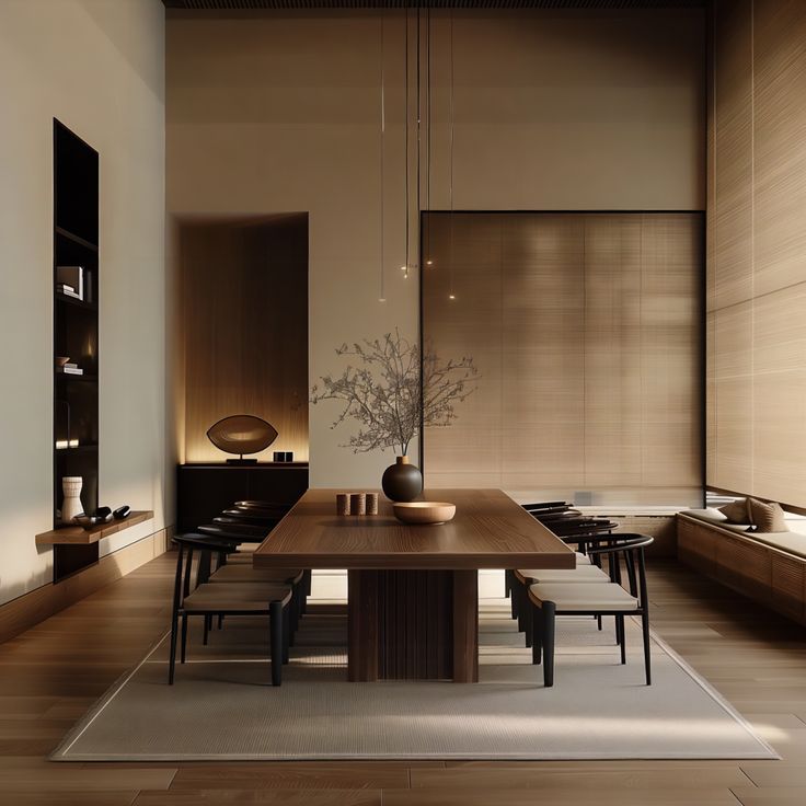 a dining room table with chairs and a vase on it