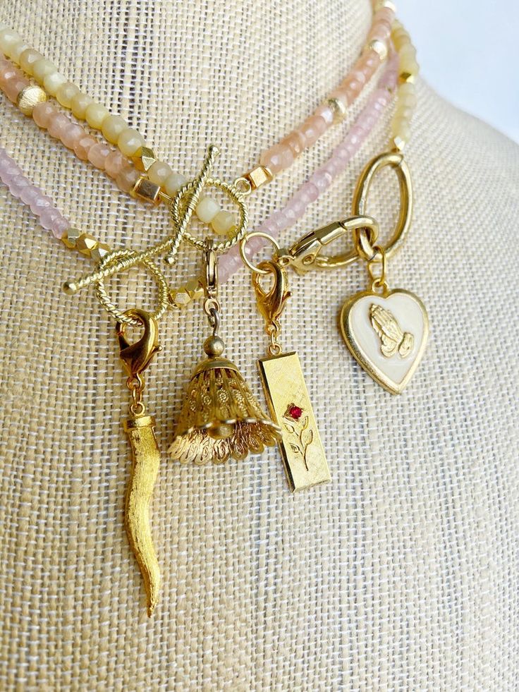 Gemstone and vintage charm neck mess semiprecious stone | Etsy Brass Round Pendant Charm Necklace With Vintage Charm, Elegant Brass Necklaces With Dangling Charms, Elegant Brass Necklace With Dangling Charms, Good Luck Pendant Jewelry With Dangling Charms, Amulet Style Pendant Necklace With Charms, Vintage Collection Round Pendant Necklaces With Charms, Gold Plated Jewelry With Vintage Charm, Handmade Dainty Pendant Charms, Vintage Collection Round Pendant Necklace With Charms