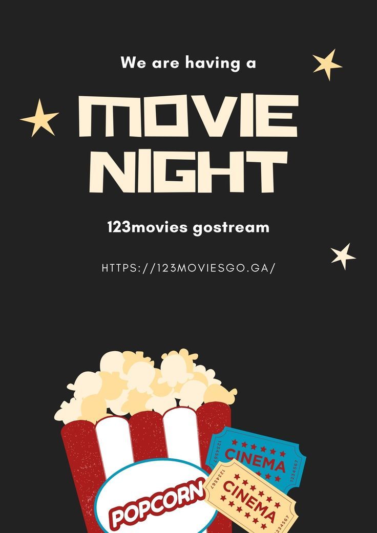 a movie night flyer with popcorn, soda and tickets on it's side in black background